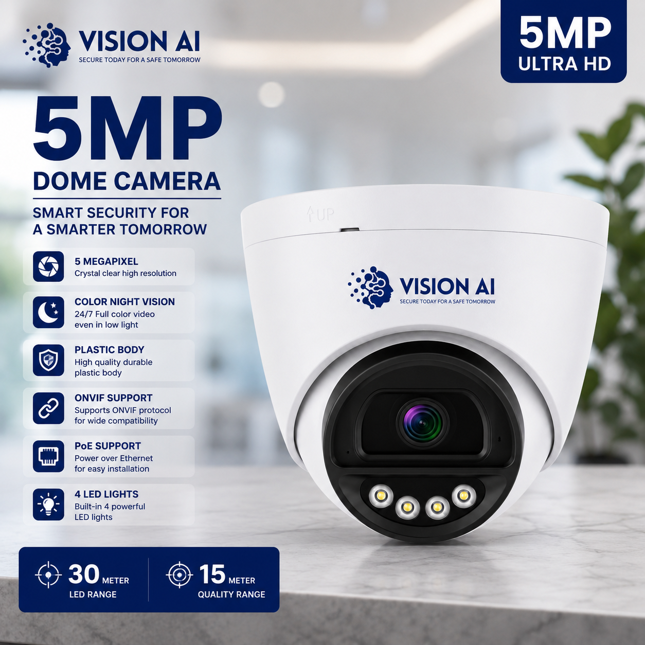 Vision AI 5MP Smart Dome Camera with 4 LED Lights & Full Color Night Vision  (VAI-PD-5A)